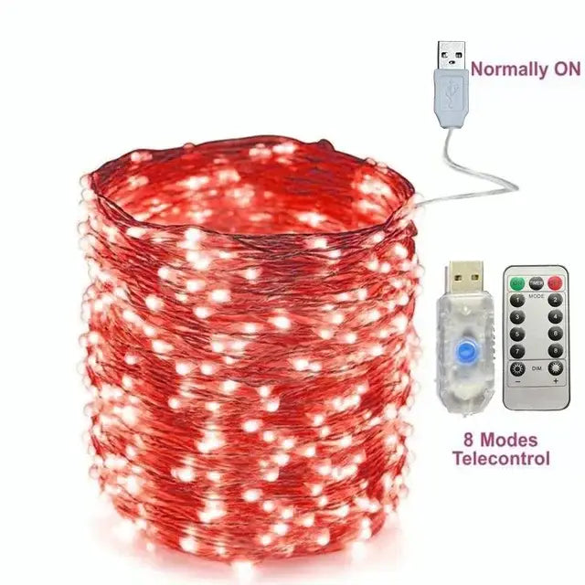 Cordão de Luz LED USB para Natal e Decoração 8 Modos com Controlo Remoto