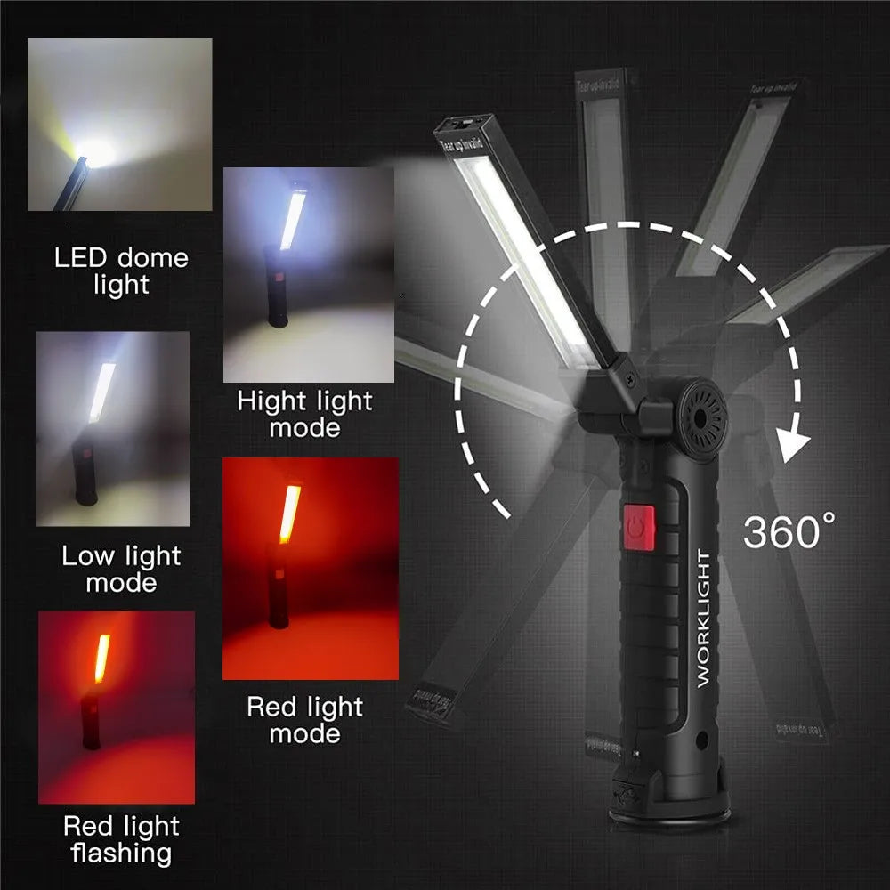 Lanterna LED COB portátil, recarregável por USB, luz de trabalho, lâmpada magnética suspensa com bateria integrada, lanterna de campismo