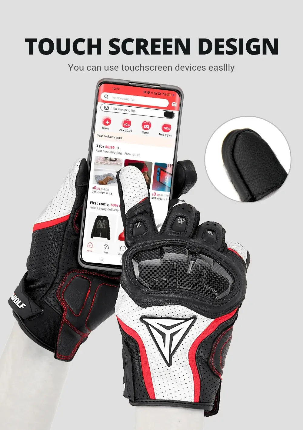 Luvas de moto respiráveis em pele genuína com ecrã táctil, luvas de moto à prova de vento e quentes para conduzir motocross
