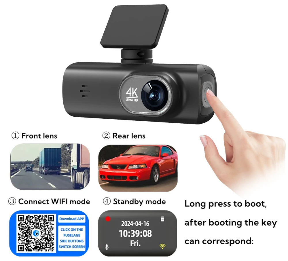 Câmara Auto de painel UHD 4K WiFi, gravador de condução com lente dupla, DVR automóvel, câmara traseira 1080P opcional, GPS, monitorização de estacionamento 24 horas, caixa preta