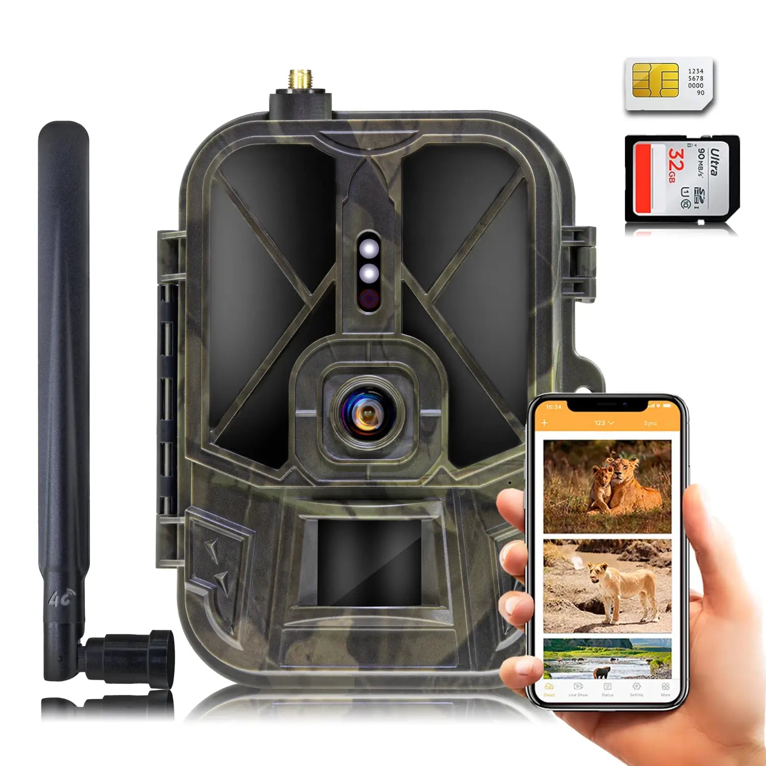 Câmara de seguimento 4G 4K 36MP APP Control Bateria de lítio 8000MA Câmara de caça Visão noturna Reconhecimento de vida selvagem
