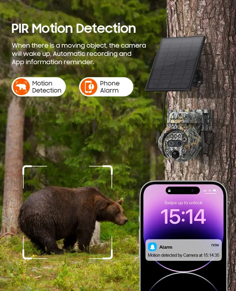 Câmara solar SHIWOJIA 12X ZOOM 4K 8MP, lente dupla 4G, visão 360°, camuflagem, câmara de caça ao ar livre a cores, bateria de 7800mAh, aplicação Ubox
