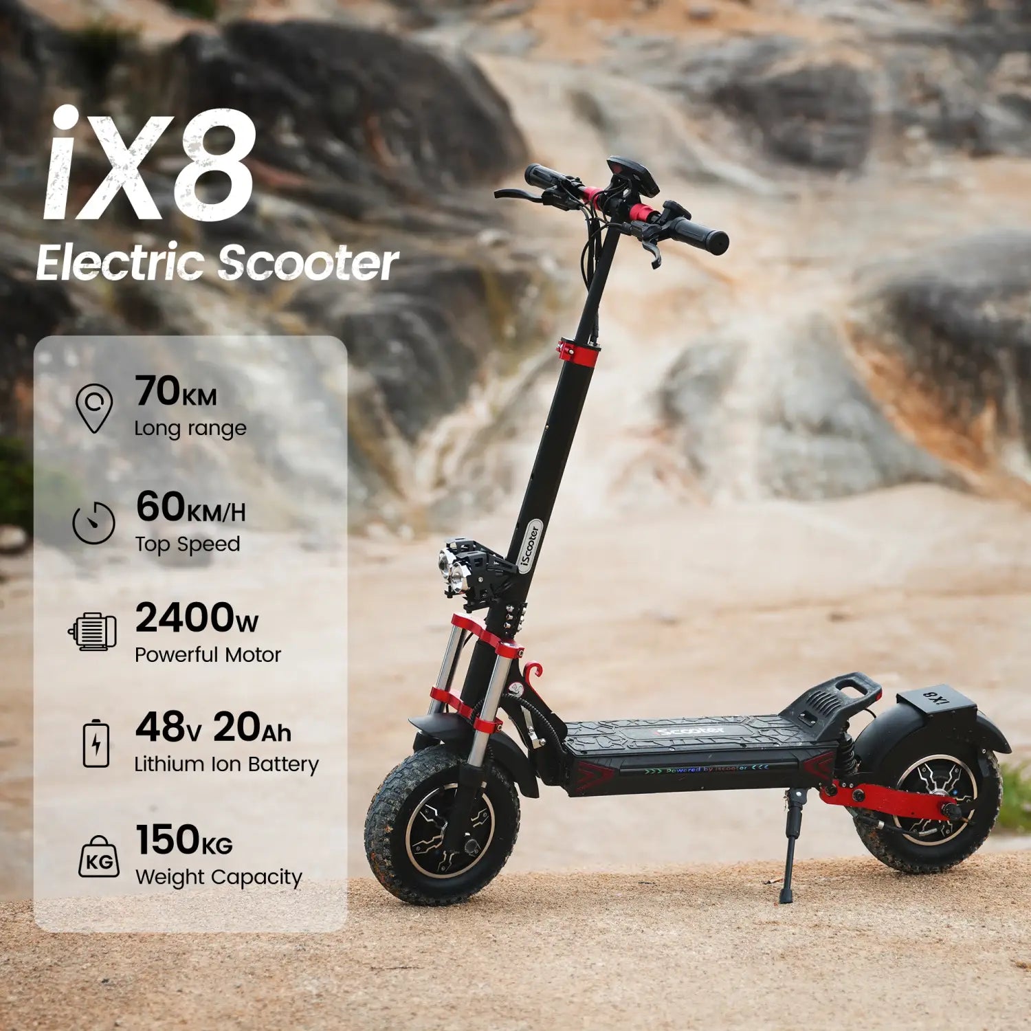 iScooter iX8 Scooter Elétrica, 2 Motores de 1200 W, Bateria de 48 V 20 AH, Pneu de 12 Polegadas, Travões de Disco Hidráulicos Duplos, Suspensão Dianteira e Traseira
