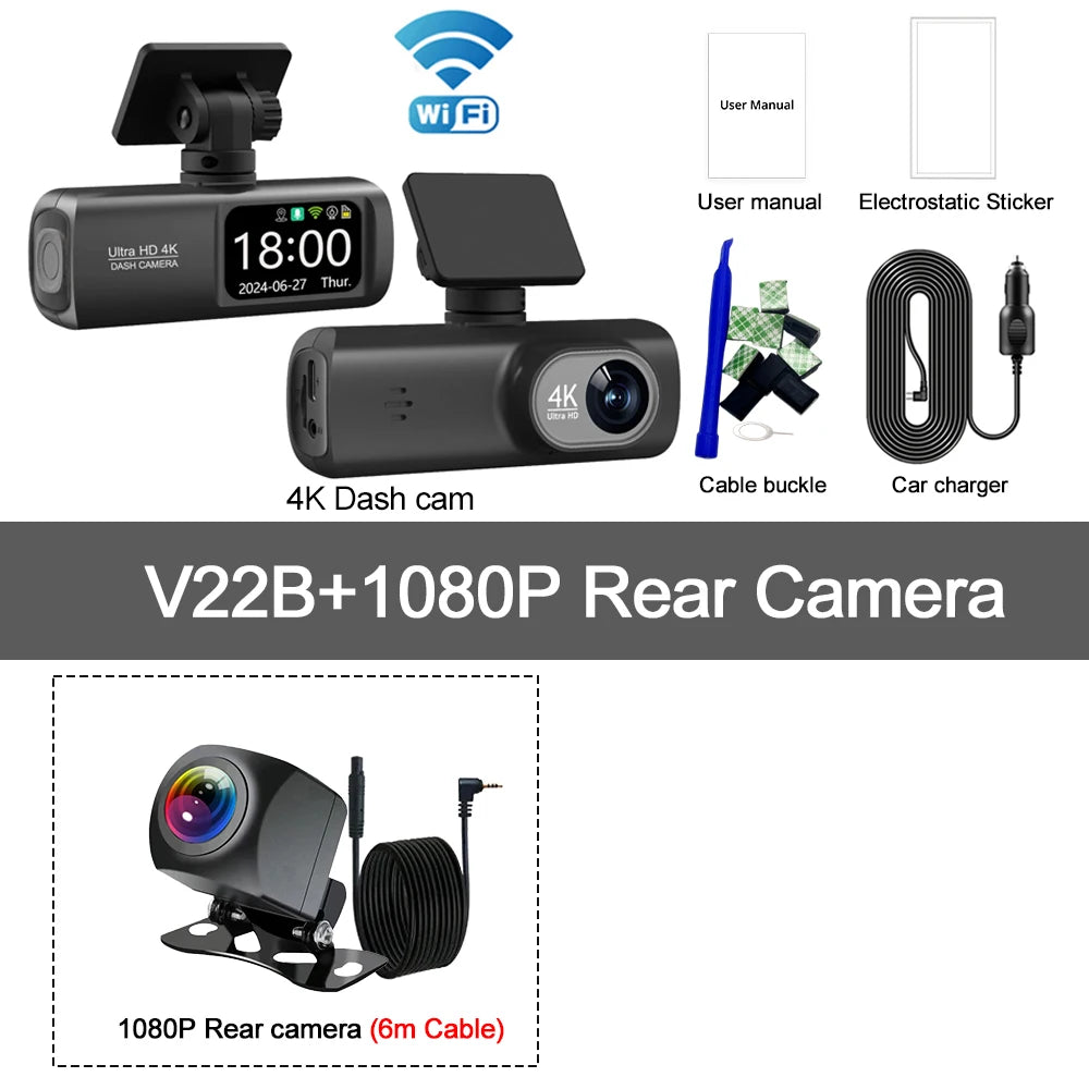 Câmara Auto de painel UHD 4K WiFi, gravador de condução com lente dupla, DVR automóvel, câmara traseira 1080P opcional, GPS, monitorização de estacionamento 24 horas, caixa preta