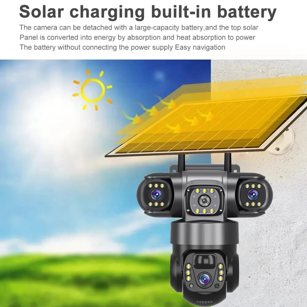 Câmara solar 4G Sim Outdoor 3 lentes 3 ecrãs Zoom 10X PIR Câmaras de deteção humana à prova de água Visão noturna CCTV Proteção de segurança