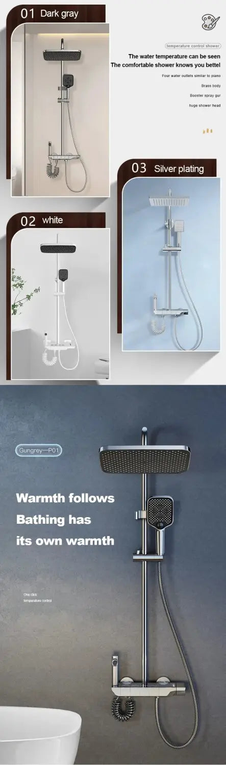 Conjunto de torneiras de duche para casa de banho com 4 funções, visor digital, termóstato, chuveiros quentes e frios, misturador, descarga de pressão, torneiras de cobre