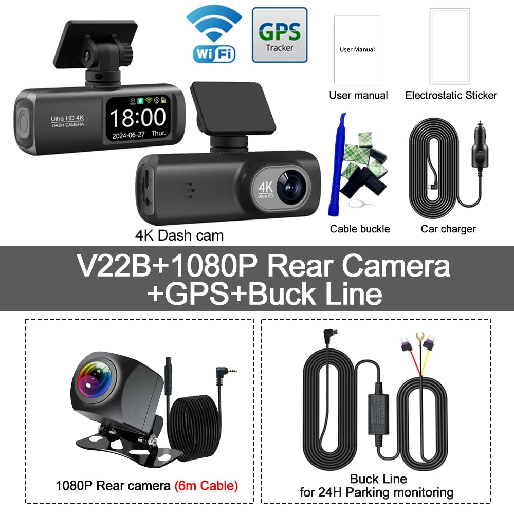 Câmara Auto de painel UHD 4K WiFi, gravador de condução com lente dupla, DVR automóvel, câmara traseira 1080P opcional, GPS, monitorização de estacionamento 24 horas, caixa preta