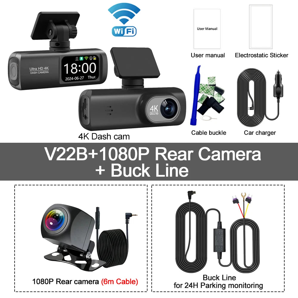 Câmara Auto de painel UHD 4K WiFi, gravador de condução com lente dupla, DVR automóvel, câmara traseira 1080P opcional, GPS, monitorização de estacionamento 24 horas, caixa preta