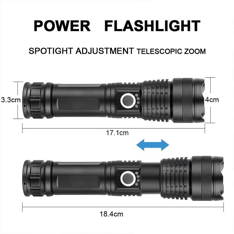 Lanterna tática LED recarregável de alta potência, em liga de alumínio, telescópica, com zoom, para campismo ao ar livre e pesca