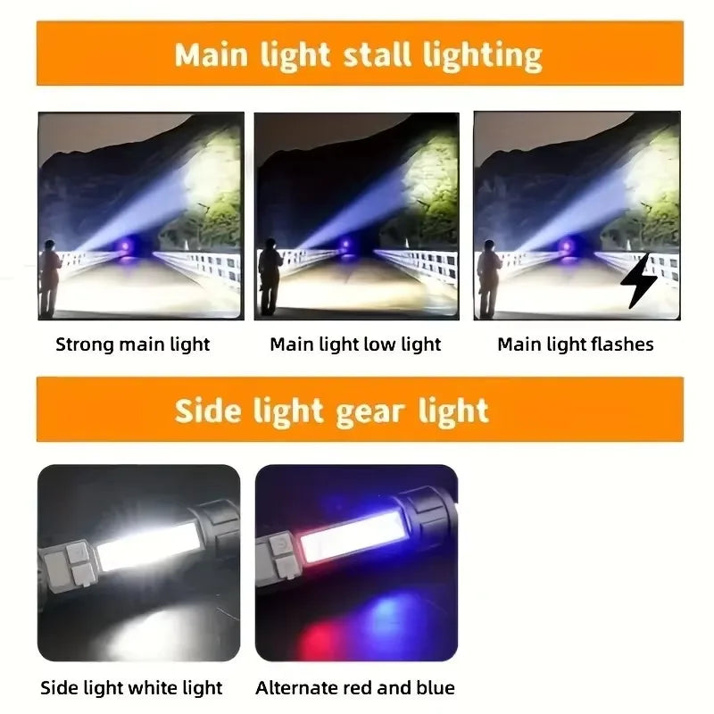 Lanterna LED de alta potência, potente, recarregável, tipo C, COB, com luz lateral, para campismo e caminhadas ao ar livre