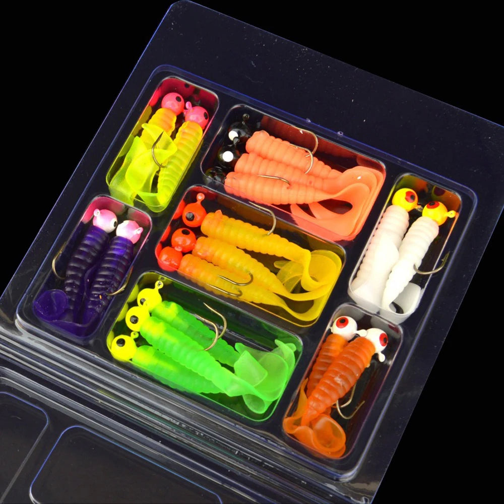 34 peças 1 conjunto 17 peças de anzóis de pesca em metal com cabeça de jig + 17 peças de isco de minhoca macio, isco artificial de silicone para peixes