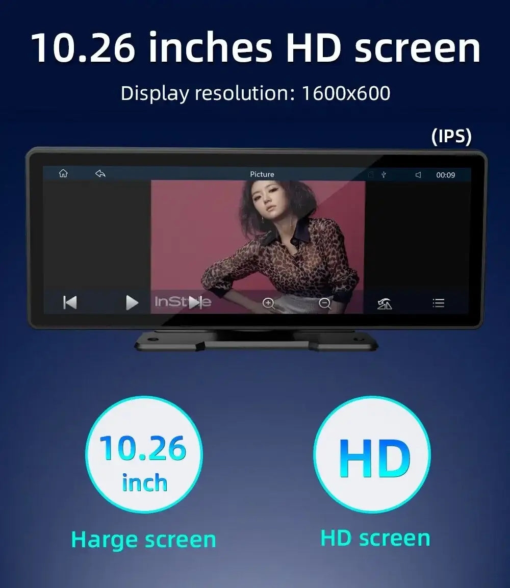 Rádio automóvel universal com ecrã de 10,26" Carplay, multimédia, Wi-Fi, leitor de vídeo, ecrã Carplay sem fios + câmara de 12 LEDs para Apple ou Android