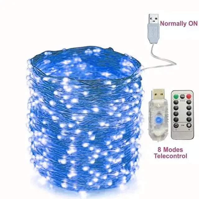 Cordão de Luz LED USB para Natal e Decoração 8 Modos com Controlo Remoto