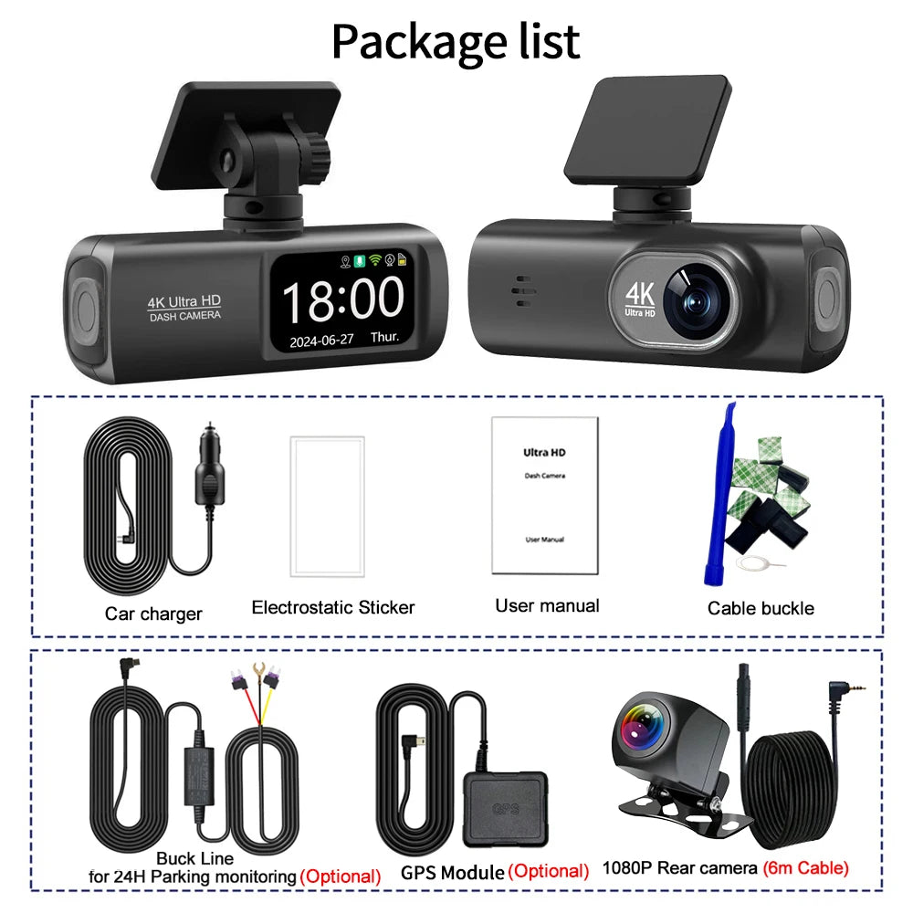 Câmara Auto de painel UHD 4K WiFi, gravador de condução com lente dupla, DVR automóvel, câmara traseira 1080P opcional, GPS, monitorização de estacionamento 24 horas, caixa preta