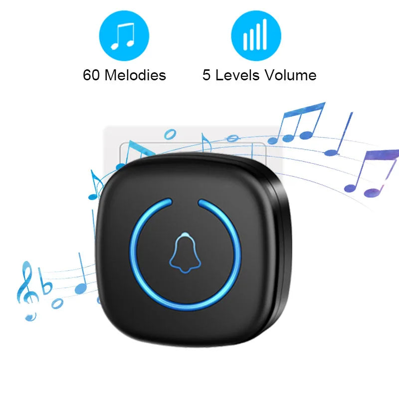 Campainha sem fios IP44 à prova de água, campainha inteligente para porta de boas-vindas, alcance de 300 m, 60 músicas, kit de campainha inteligente para casa, ficha EUA/UE