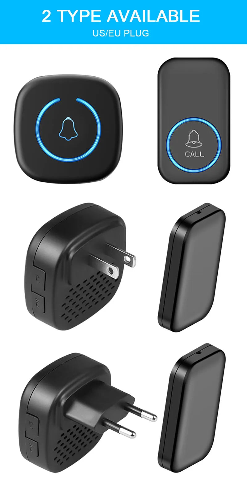 Campainha sem fios IP44 à prova de água, campainha inteligente para porta de boas-vindas, alcance de 300 m, 60 músicas, kit de campainha inteligente para casa, ficha EUA/UE