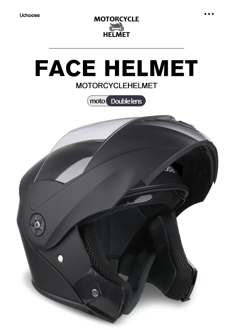 Capacete de moto com certificação DOT Uchoose, capacete de secção transversal de lente dupla, capacete de segurança modular flip, capacete unissexo com viseira