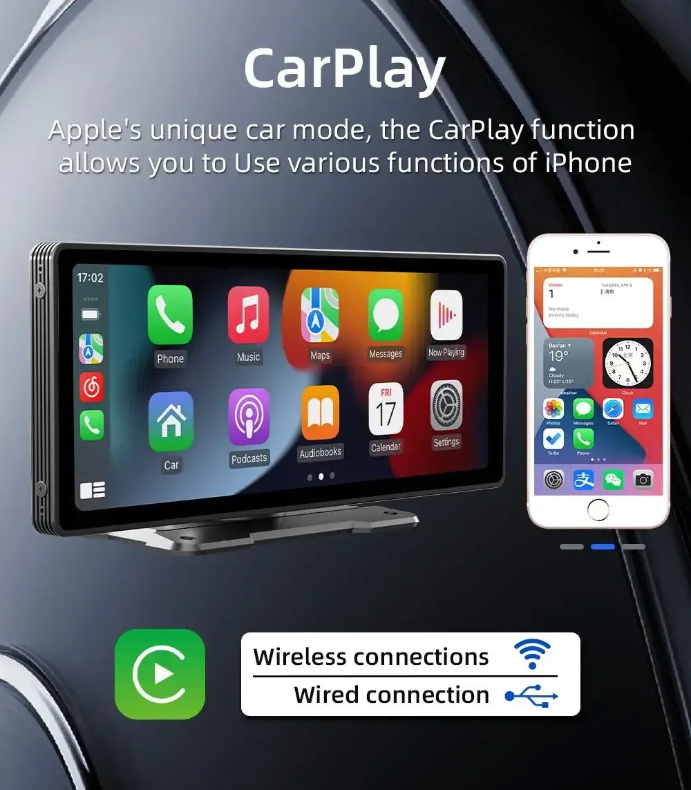 Rádio automóvel universal com ecrã de 10,26" Carplay, multimédia, Wi-Fi, leitor de vídeo, ecrã Carplay sem fios + câmara de 12 LEDs para Apple ou Android