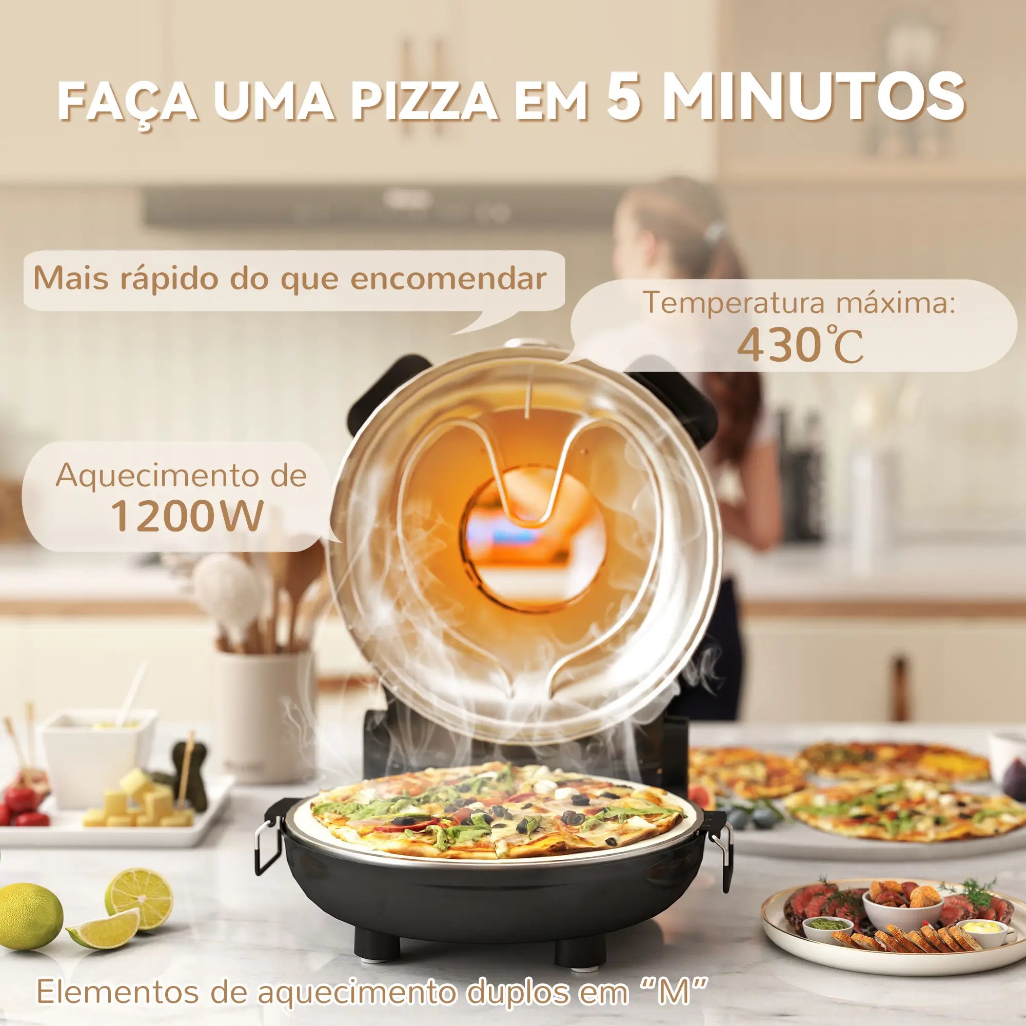 Forno para Pizza 1200W Forno Pizza Eléctrico com Temporizador 15 min Temperatura até 430℃ 34,5x35x16,5 cm Preto