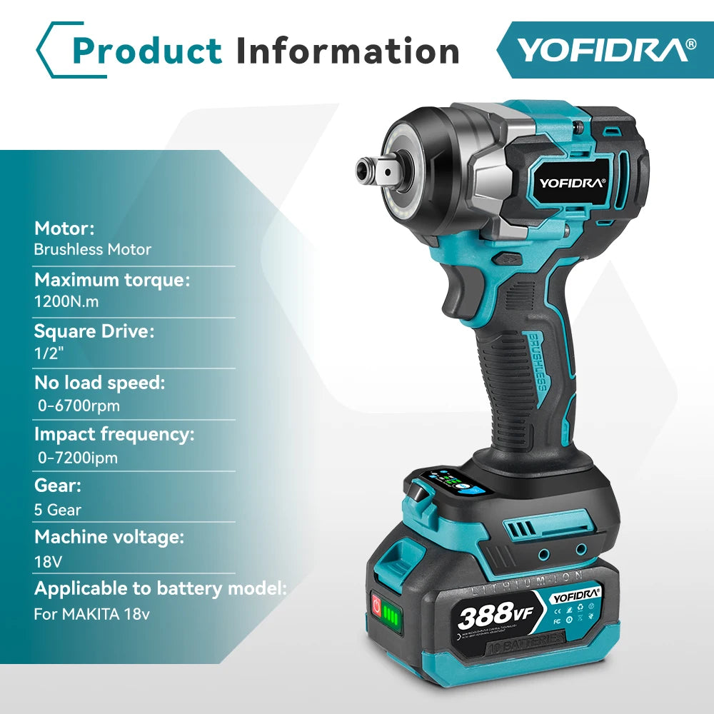 Chave de impacto elétrica sem escovas YOFIDRA 1200N.m, 5 engrenagens, chave de fendas de 1/2'', ferramenta elétrica para reparação automóvel, para bateria Makita de 18V