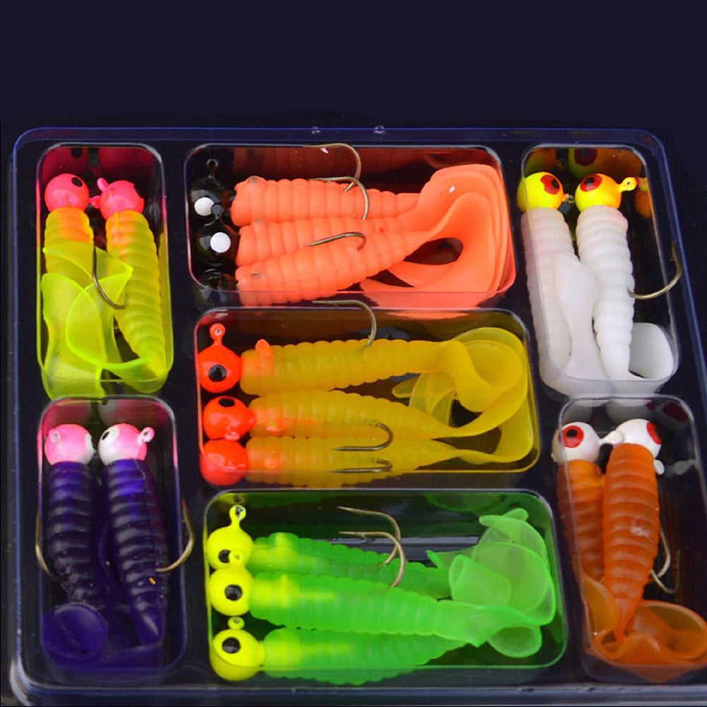 34 peças 1 conjunto 17 peças de anzóis de pesca em metal com cabeça de jig + 17 peças de isco de minhoca macio, isco artificial de silicone para peixes