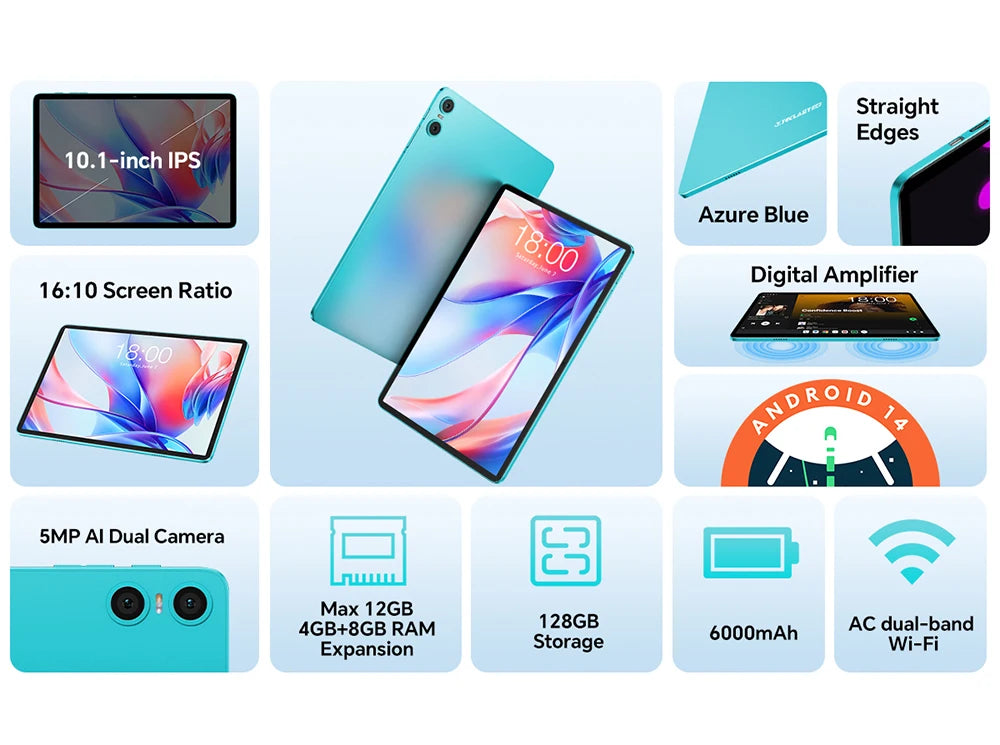 Tablet Teclast P30 Android 14, UNISOC T606 Octa Core, 10,1" IPS, máx. 12 GB de RAM, 128 GB de ROM, 6000 mAh, câmara de 5 MP com IA, desbloqueio facial