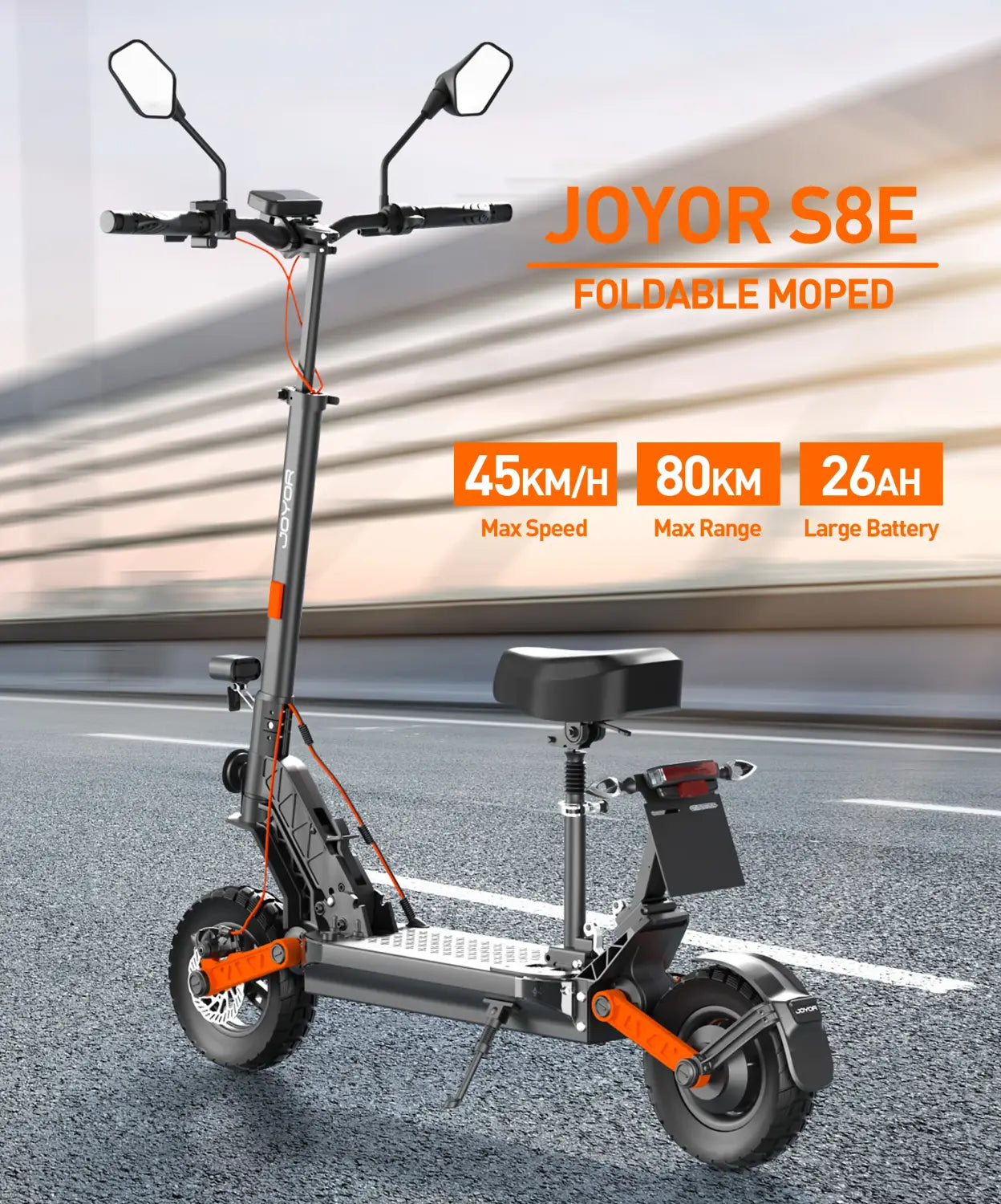 Scooter elétrica Joyor S8E, motor de 800 W, bateria de 48 V e 26 AH, pneus de 10 polegadas, scooter elétrica para adultos, velocidade máxima de 45 km/h, autonomia de 80 km, scooter urbana
