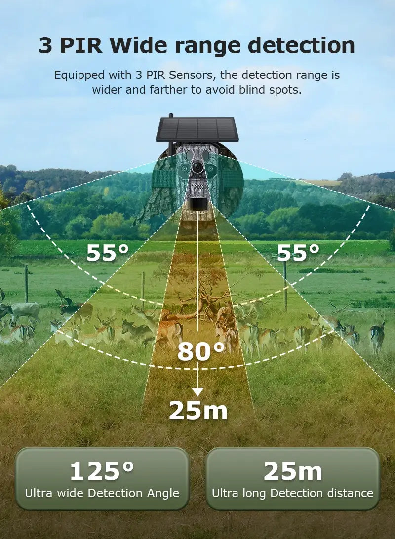 Câmara de rasto celular Ucon 4G LTE, câmara solar de 5 MP, movimento PIR ativado, tempo de disparo de 0,2 s, visão noturna, câmaras de caça de vida selvagem