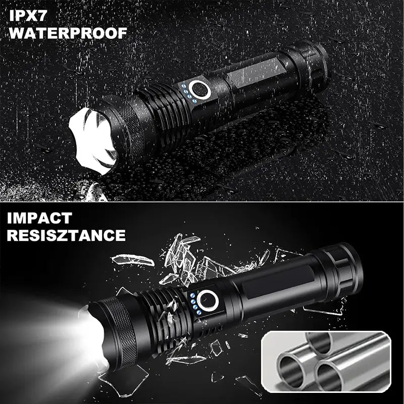 Lanterna tática LED recarregável de alta potência, em liga de alumínio, telescópica, com zoom, para campismo ao ar livre e pesca