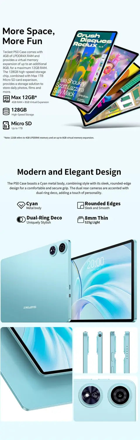 Tablet Teclast P50 Android 14, ecrã de 11" e 90Hz, Unisoc T606 Octa-Core, 4GB, 128GB, LPDDR4X, Wi-Fi, BT5.0, bateria de 7000mAh