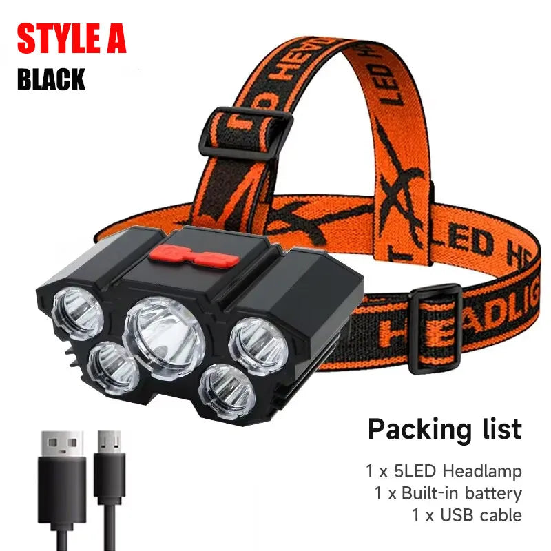 Lanterna de cabeça recarregável de 5 LEDs com bateria de lítio integrada, farol forte para campismo, aventura, pesca e ciclismo