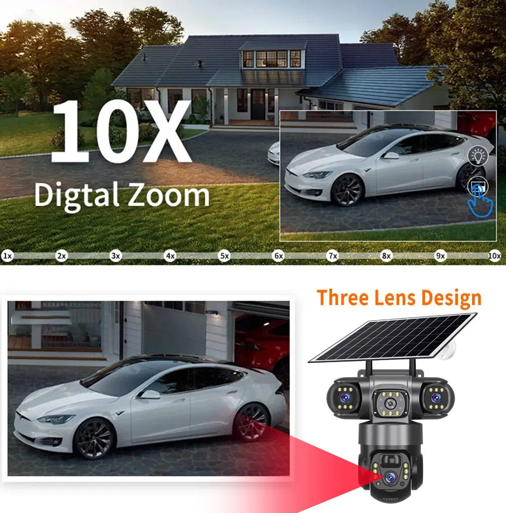Câmara solar 4G Sim Outdoor 3 lentes 3 ecrãs Zoom 10X PIR Câmaras de deteção humana à prova de água Visão noturna CCTV Proteção de segurança