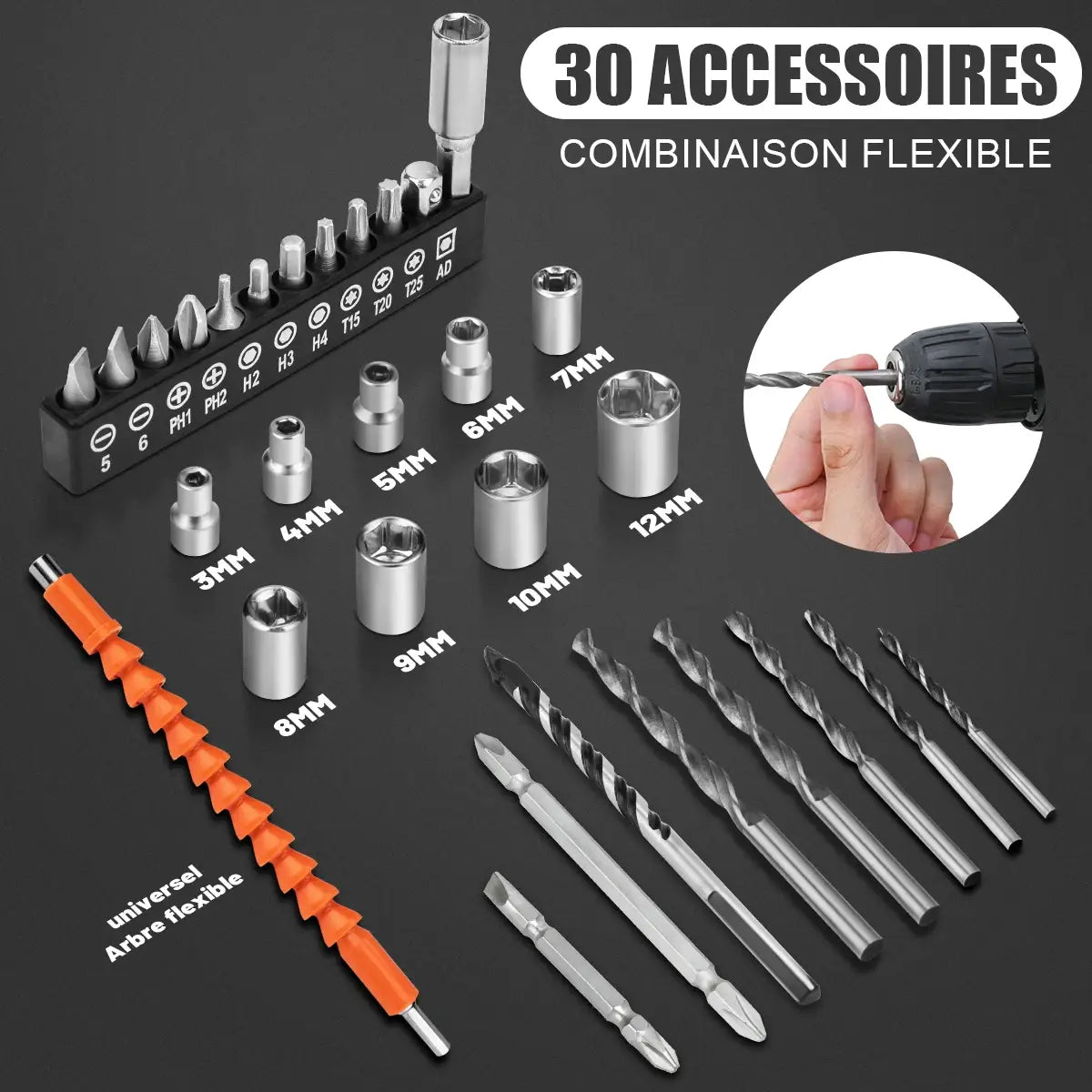 Gisam 25+3 Torque Chave de fendas elétrica de impacto Berbequim multifuncional sem fio Ferramenta elétrica Configuração de 2 velocidades com 2 pilhas