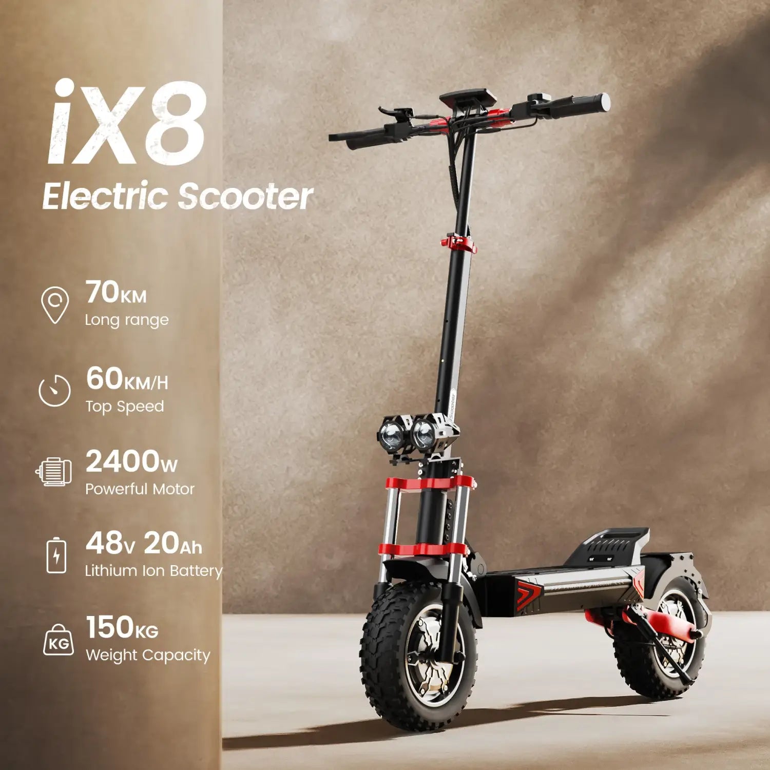 iScooter iX8 Scooter Elétrica, 2 Motores de 1200 W, Bateria de 48 V 20 AH, Pneu de 12 Polegadas, Travões de Disco Hidráulicos Duplos, Suspensão Dianteira e Traseira