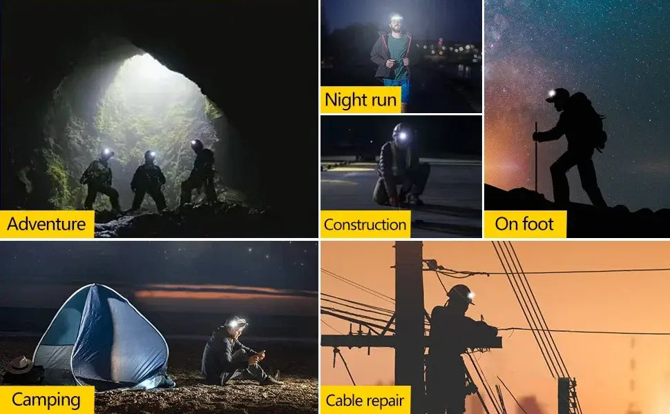 Farol LED COB, farol de indução com bateria incorporada, recarregável por USB, lanterna de cabeça para campismo ao ar livre, pesca, sensor, farol