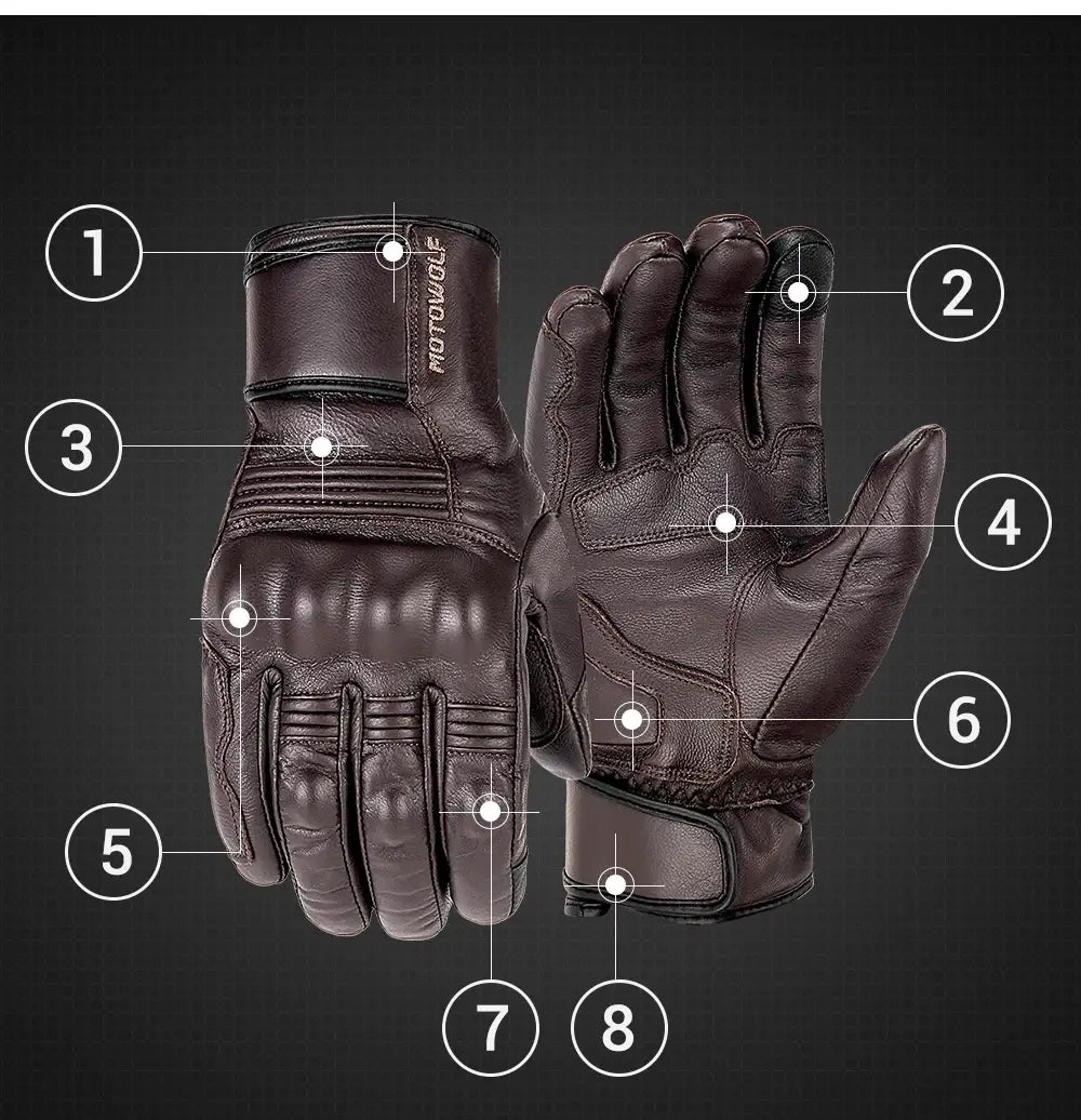 Luvas de moto respiráveis em pele genuína com ecrã táctil, luvas de moto à prova de vento e quentes para conduzir motocross