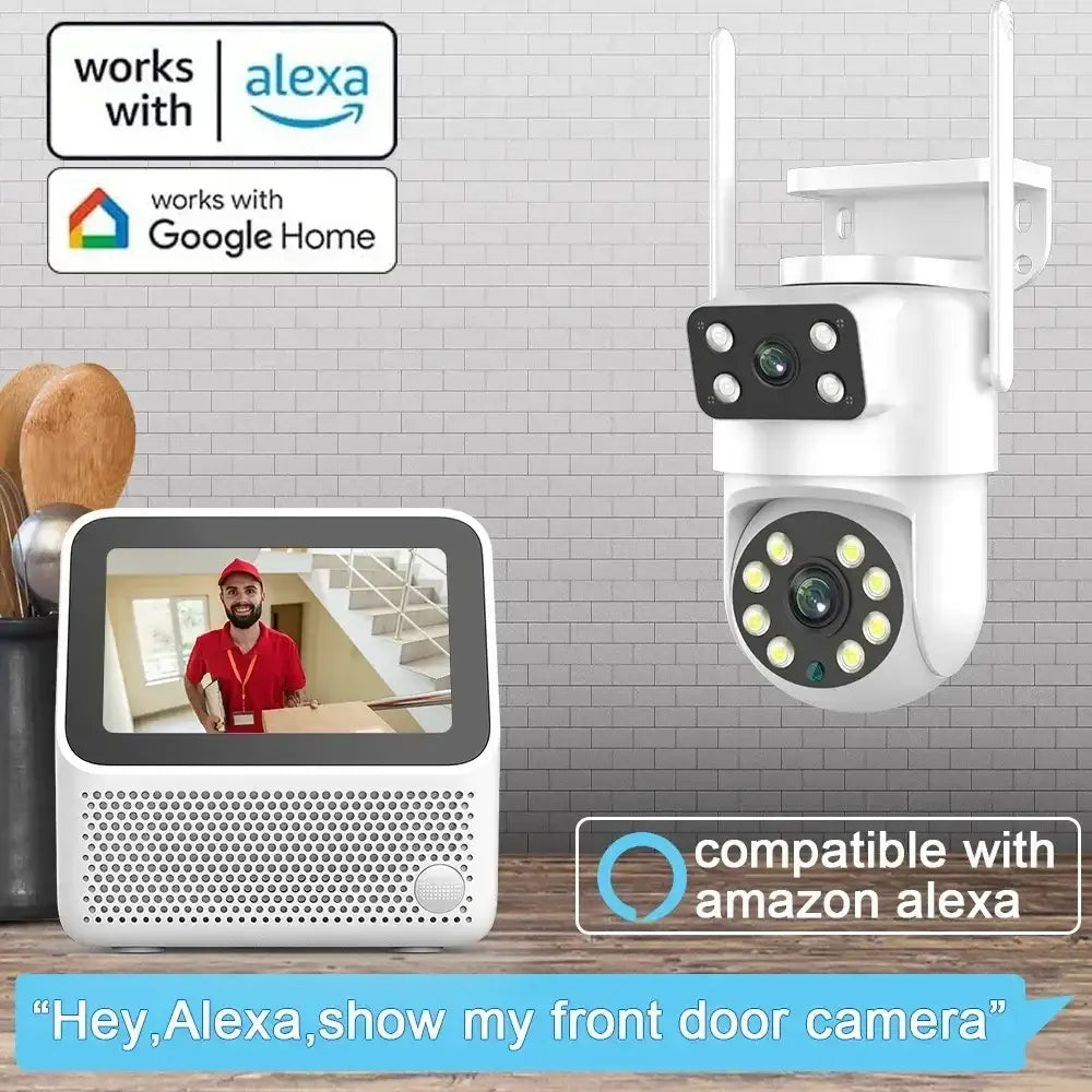 Câmara de vigilância de vídeo de segurança exterior 4K 8MP Tuya com lente dupla PTZ WIFI Full HD ecrã duplo Ai rastreamento automático humano