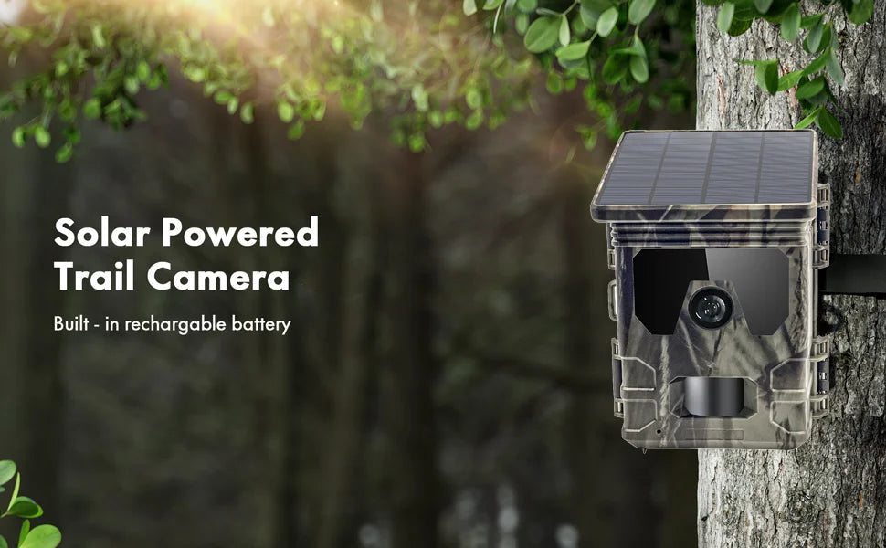 Câmara de caça com painel solar 30MP 2K, visão noturna infravermelha, monitorização de vida selvagem, armadilha para trilhos, câmara de vídeo, gravador de fotografias