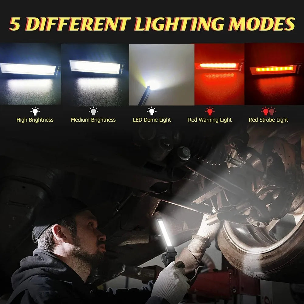 Lanterna LED COB portátil, recarregável por USB, luz de trabalho, lâmpada magnética suspensa com bateria integrada, lanterna de campismo