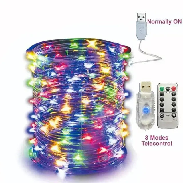 Cordão de Luz LED USB para Natal e Decoração 8 Modos com Controlo Remoto