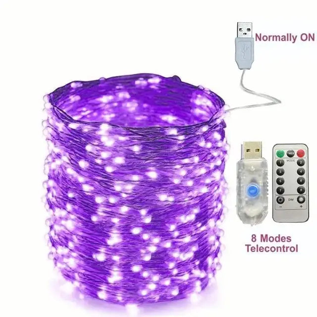 Cordão de Luz LED USB para Natal e Decoração 8 Modos com Controlo Remoto