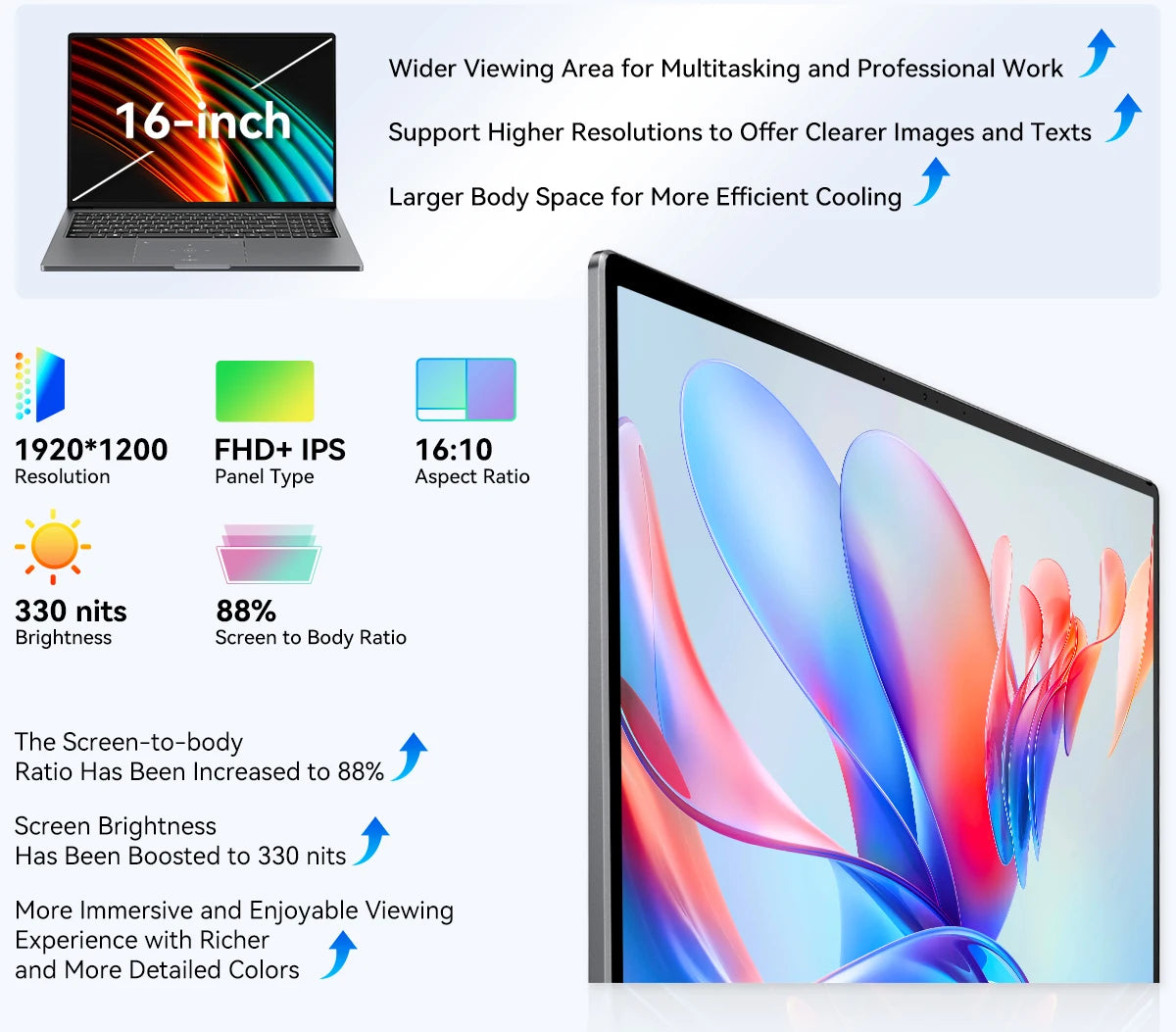 Portátil Blackview AceBook 12 Win 11 16'' FHD IPS, Portátil Intel I5-1030NG7, 16 GB de RAM, SSD de 512 GB, Botão de alimentação com impressão digital 2 em 1