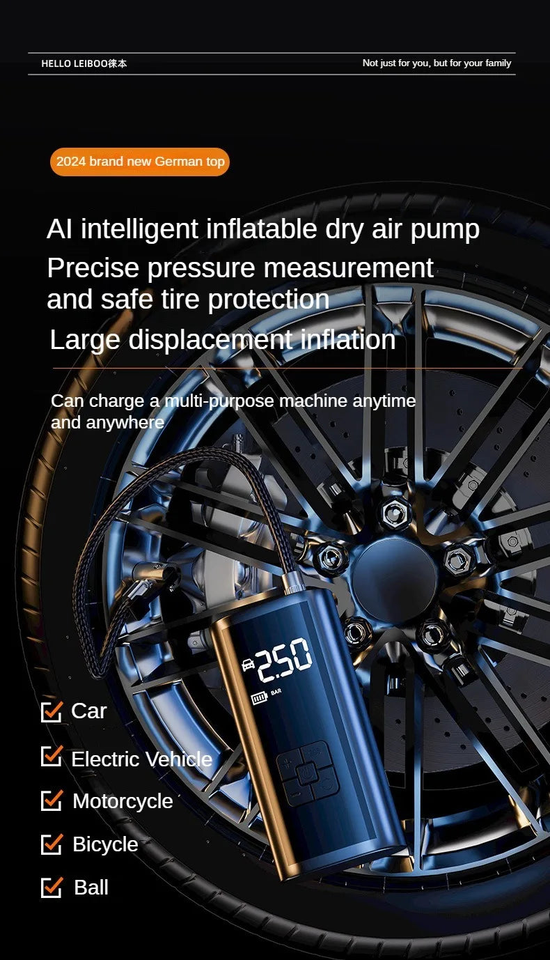 Compressor de ar portátil LEIBOO para pneus de automóvel, bomba de ar rápida, insuflador de pneus, bomba de ar de pressão precisa para moto, bicicleta, bola