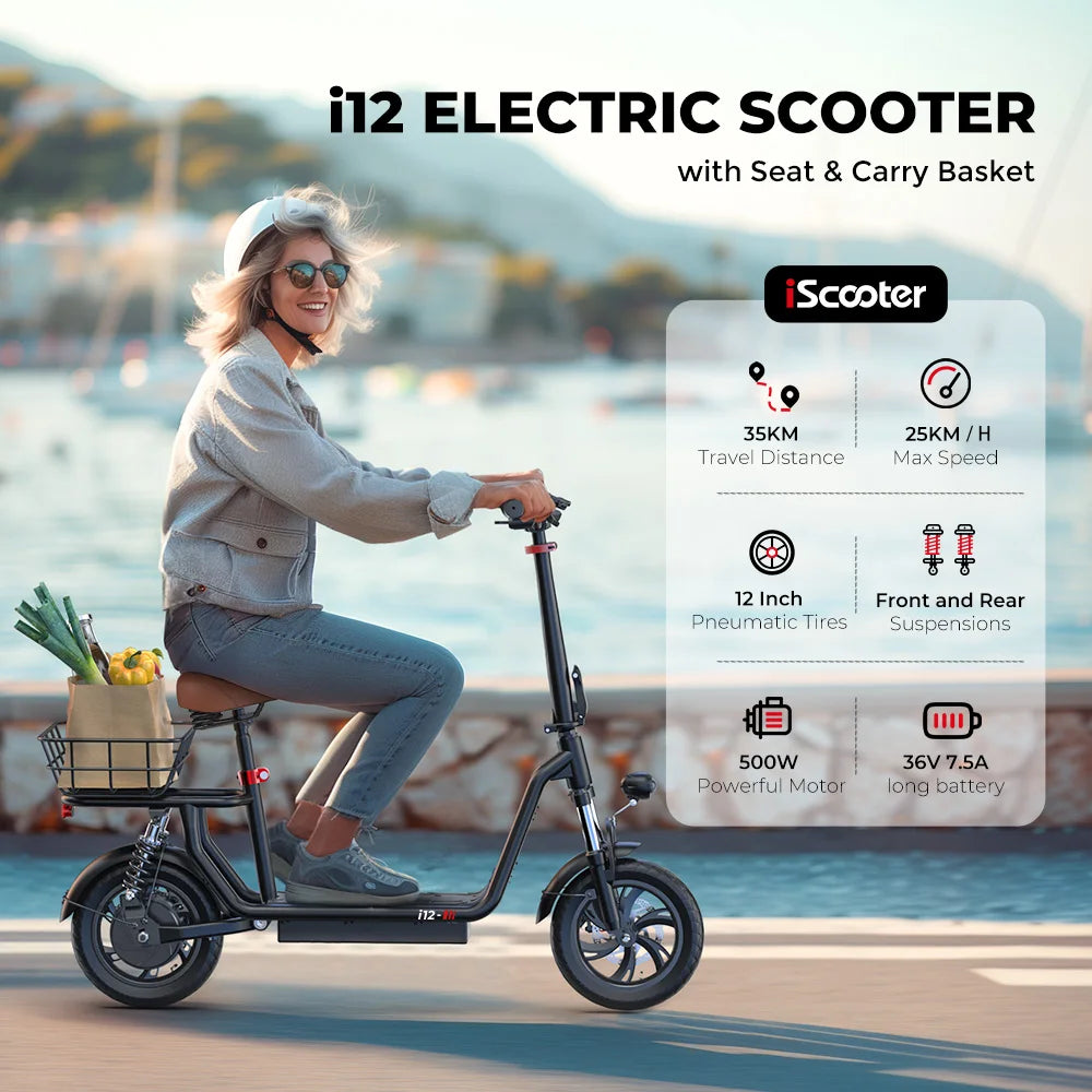 iScooter i12 Scooter elétrico com assento e cesto 12 polegadas 500W dobrável Kick eScooter 36V 7,5Ah alcance máximo 35km Scooter de mobilidade