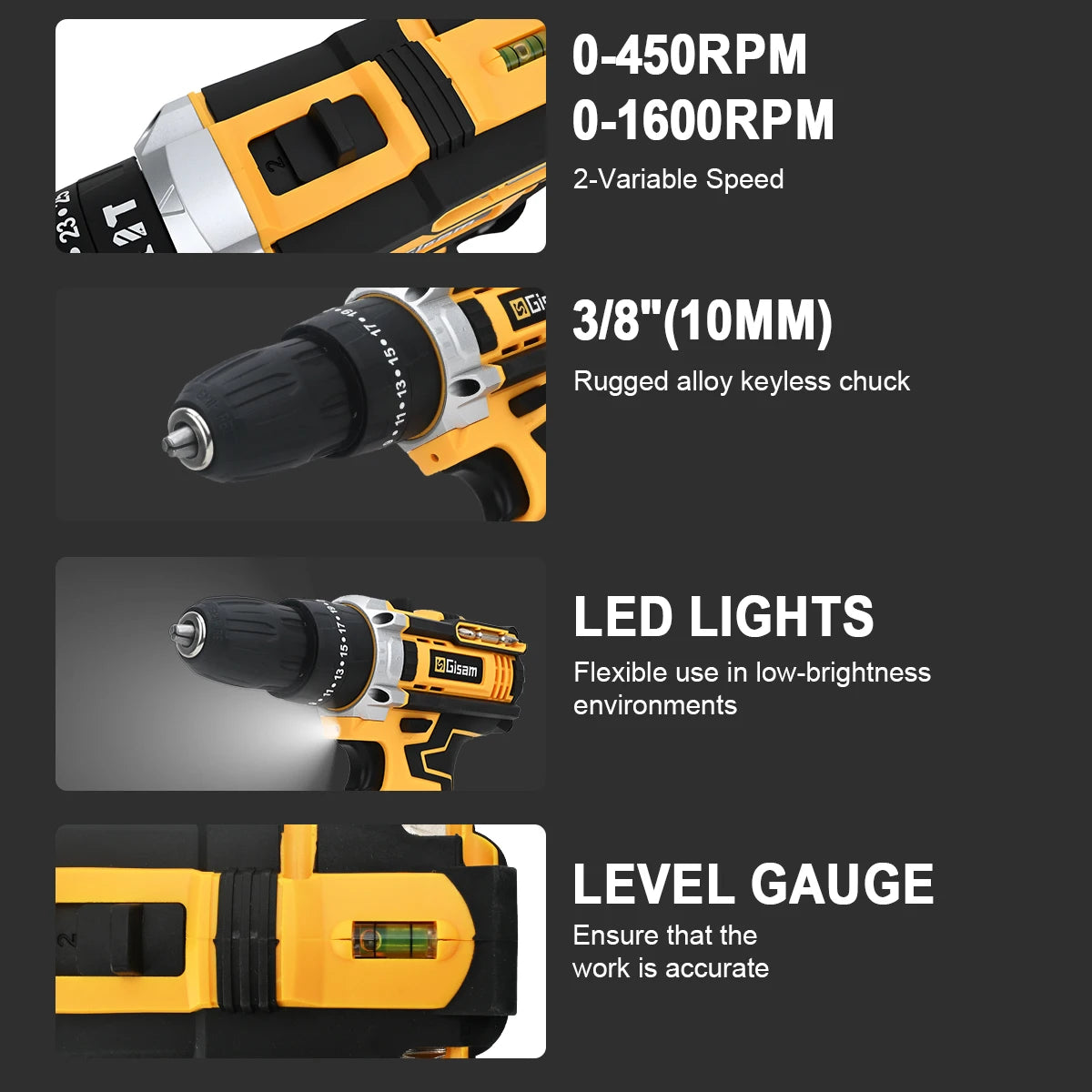 Gisam 25+3 Torque Chave de fendas elétrica de impacto Berbequim multifuncional sem fio Ferramenta elétrica Configuração de 2 velocidades com 2 pilhas