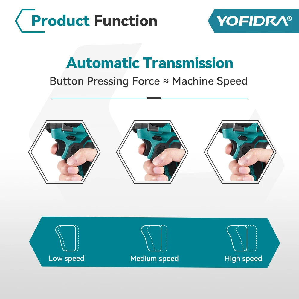 Chave de impacto elétrica sem escovas YOFIDRA 1200N.m, 5 engrenagens, chave de fendas de 1/2'', ferramenta elétrica para reparação automóvel, para bateria Makita de 18V