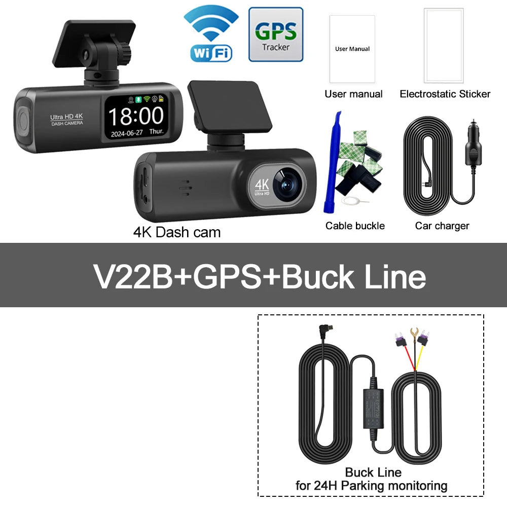 Câmara Auto de painel UHD 4K WiFi, gravador de condução com lente dupla, DVR automóvel, câmara traseira 1080P opcional, GPS, monitorização de estacionamento 24 horas, caixa preta