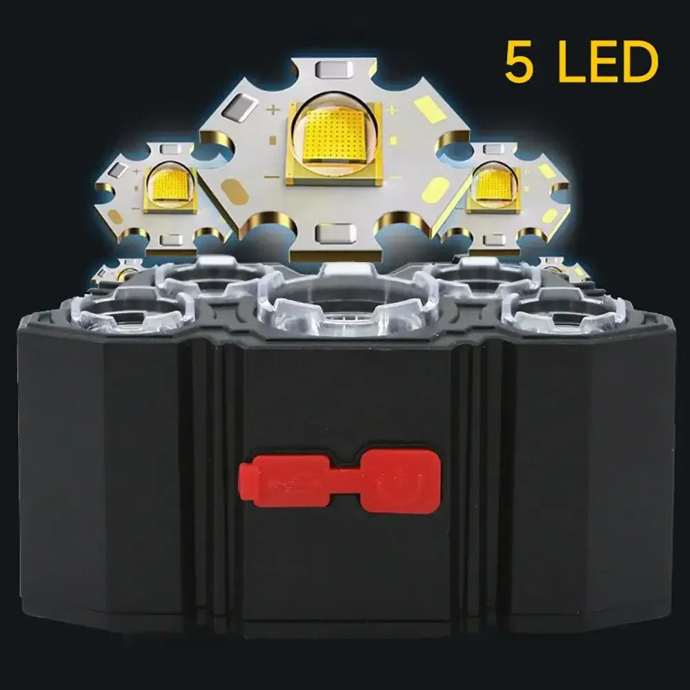 Lanterna de cabeça recarregável de 5 LEDs com bateria de lítio integrada, farol forte para campismo, aventura, pesca e ciclismo