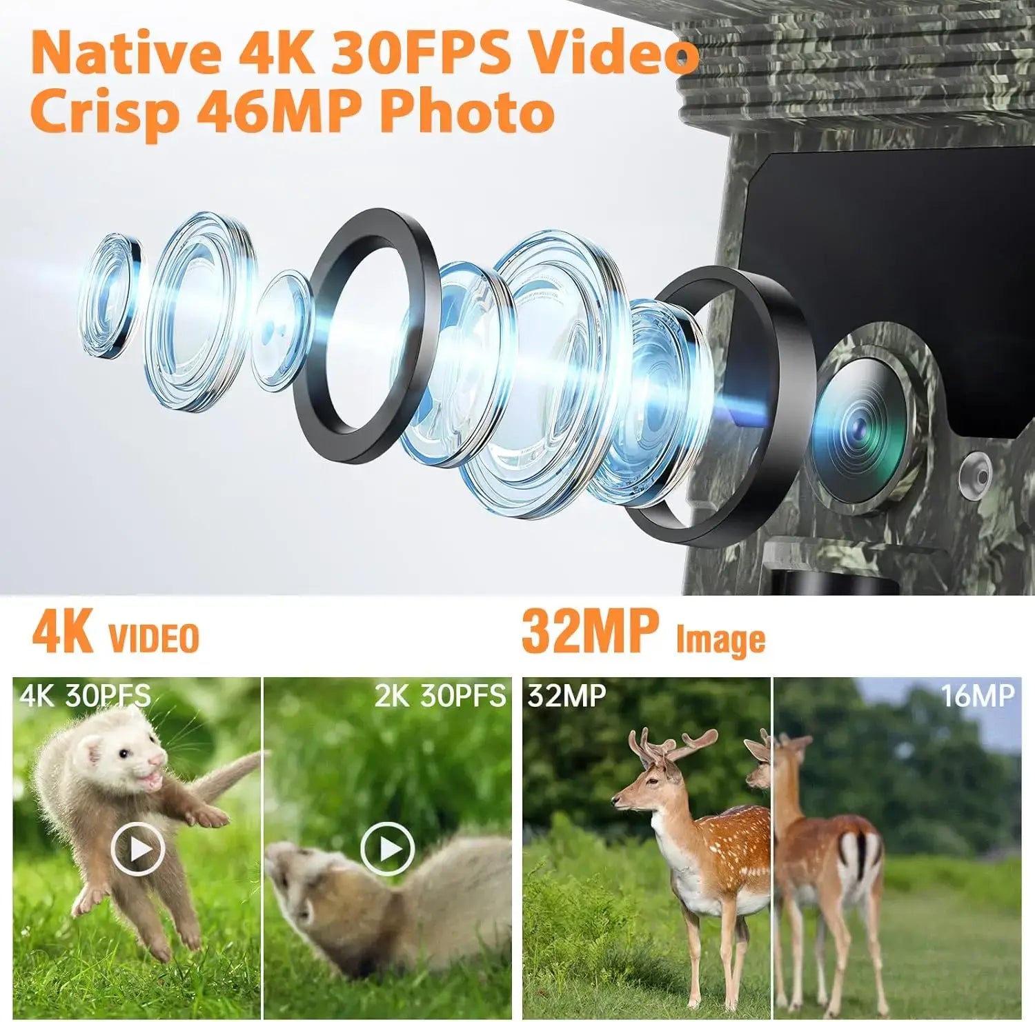 Câmara de caça com painel solar 30MP 2K, visão noturna infravermelha, monitorização de vida selvagem, armadilha para trilhos, câmara de vídeo, gravador de fotografias