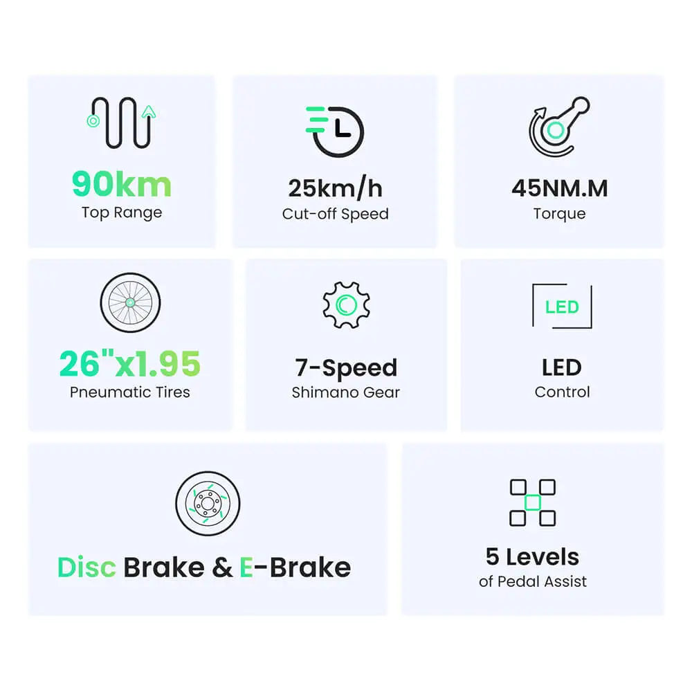 Pneu Touroll de 26", bicicleta urbana elétrica, motor de 250 W, binário de 45 Nm, bateria de 36 V e 15,6 Ah, autonomia de 90 km, 5 níveis de assistência, modo de marcha de 6 km/h